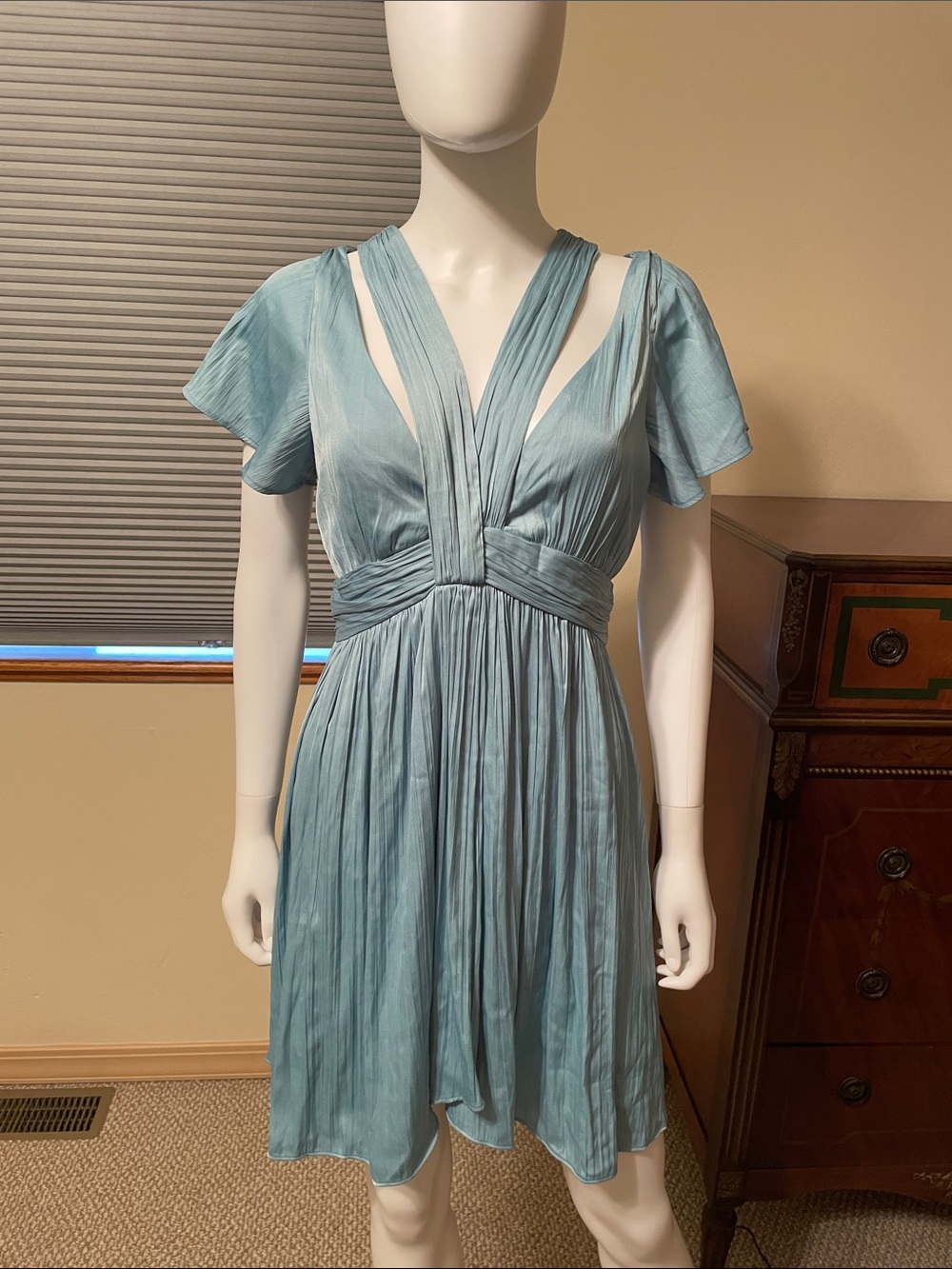 Anthropologie Deep V-Neck Vibrant Mini Dress Light Blue EUC Size 6